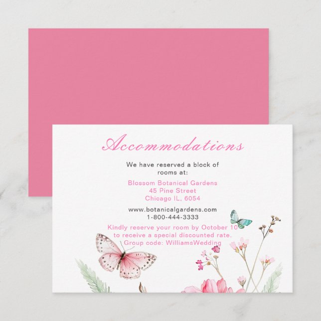Tarjeta De Recepción Boda floral de mariposa rosada de primavera (Anverso / Reverso)