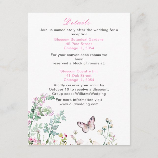 Tarjeta De Recepción Boda floral de mariposa verde primavera (Anverso)