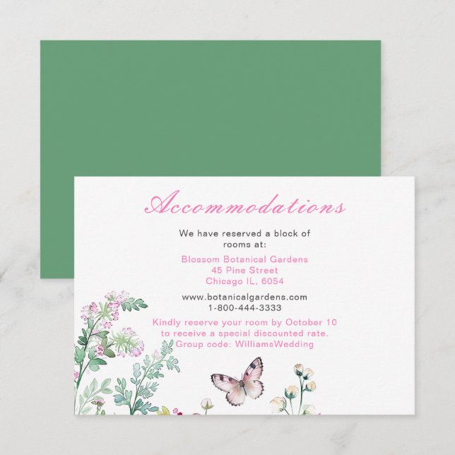 Tarjeta De Recepción Boda floral de mariposa verde primavera (Anverso / Reverso)