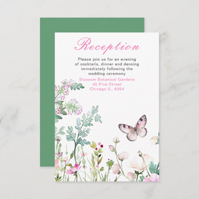 Tarjeta De Recepción Boda floral de mariposa verde primavera (Anverso / Reverso)
