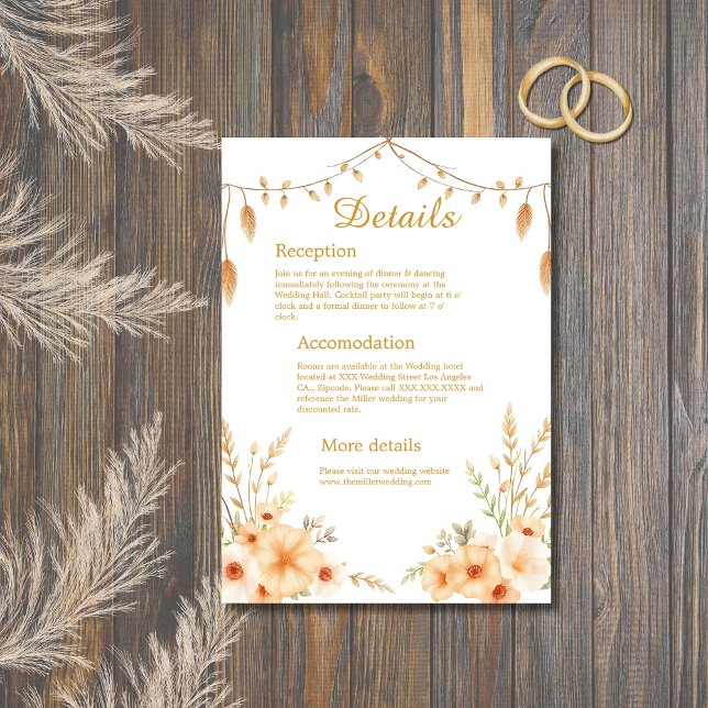 Tarjeta De Recepción boda floral de melocotón tono boho suave (Subido por el creador)