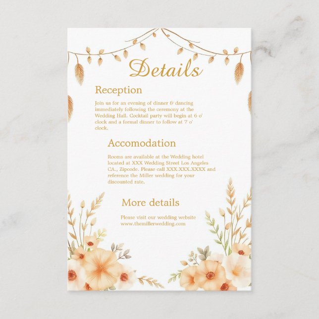 Tarjeta De Recepción boda floral de melocotón tono boho suave (Anverso)