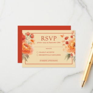 Tarjeta De Recepción Boda floral de Naranja quemada de otoño RSVP