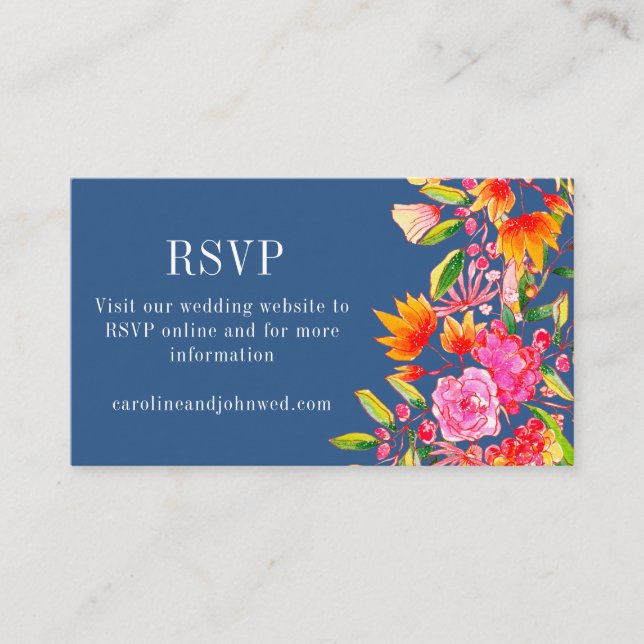 Tarjeta De Recepción Boda floral de Naranja rosa azul RSVP en línea (Anverso)