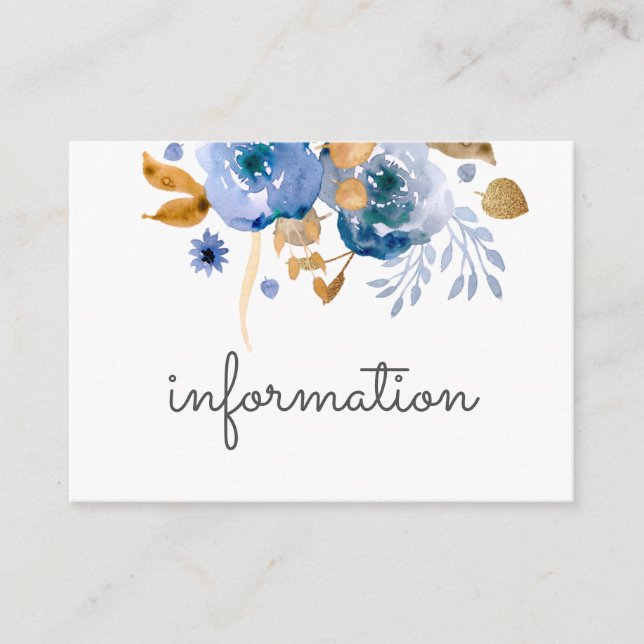 Tarjeta De Recepción Boda floral de oro azul (Anverso)
