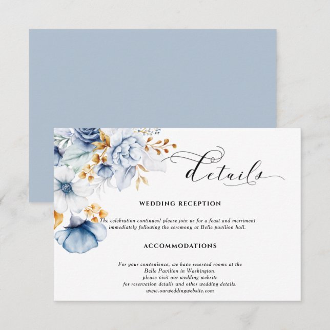 Tarjeta De Recepción Boda floral de oro y blanco azul polvoriento  (Anverso / Reverso)