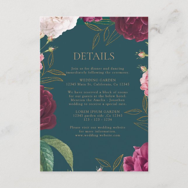 Tarjeta De Recepción Boda floral de oro y verde esmeralda (Anverso)