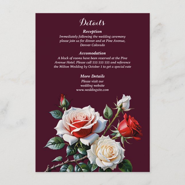 Tarjeta De Recepción Boda floral de rosas blancas rojizas rosadas oscur (Anverso)
