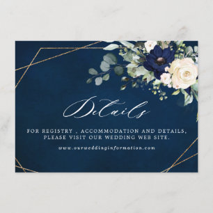 Tarjeta De Recepción Boda floral de vegetación azul naval sonrosada geo