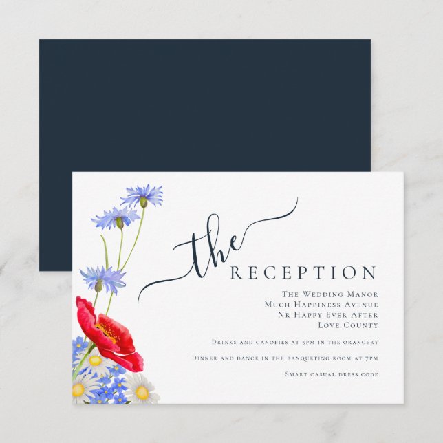 Tarjeta De Recepción Boda floral de verano elegante y azul moderno (Anverso / Reverso)