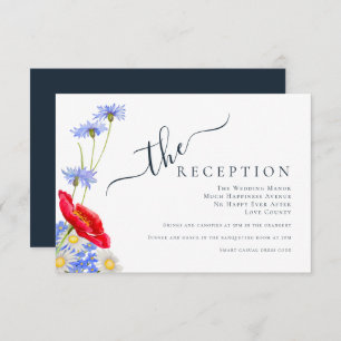 Tarjeta De Recepción Boda floral de verano elegante y azul moderno
