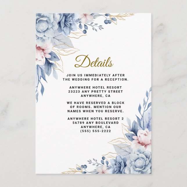 Tarjeta De Recepción Boda floral elegante azul y rubor (Anverso)