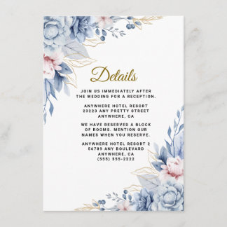 Tarjeta De Recepción Boda floral elegante azul y rubor