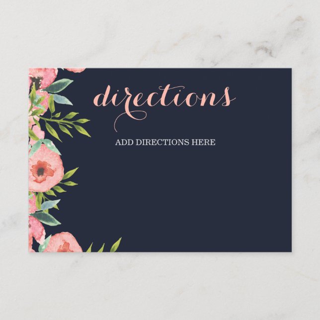 Tarjeta De Recepción Boda Floral Elegante de la Marina de Agua Rubor (Anverso)