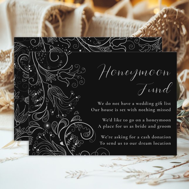 Tarjeta De Recepción Boda floral elegante negro plateado Fondo de luna  (Subido por el creador)