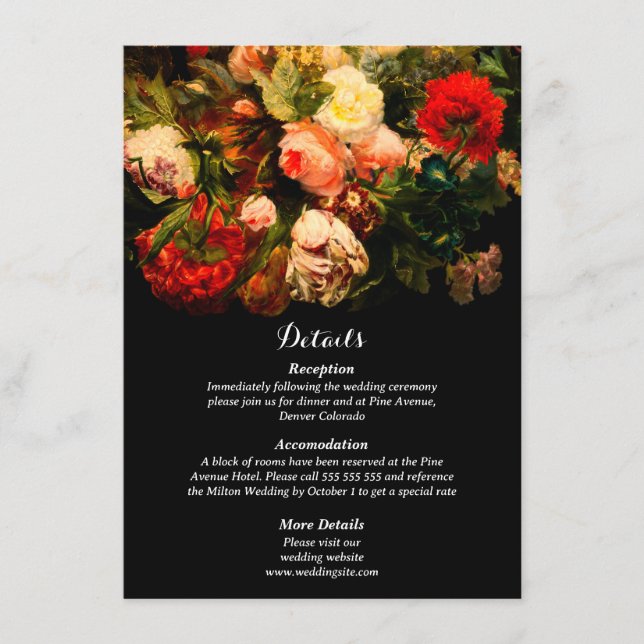 Tarjeta De Recepción Boda floral elegante y romántico oscuro (Anverso)