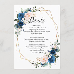 Tarjeta De Recepción Boda floral floral Rubor azul de la marina románti