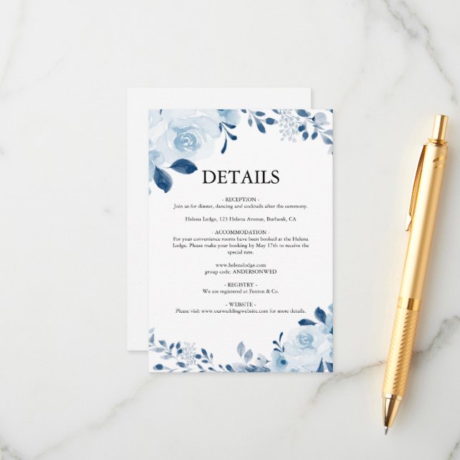 Tarjeta De Recepción Boda floral francesa azul moderna (Anverso/Reverso In Situ)