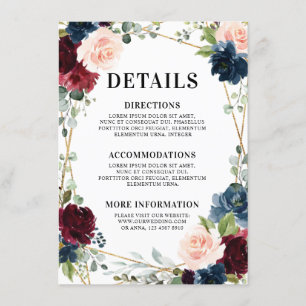 Tarjeta De Recepción Boda Floral Geométrica Burgundy Azul Marino Rosado