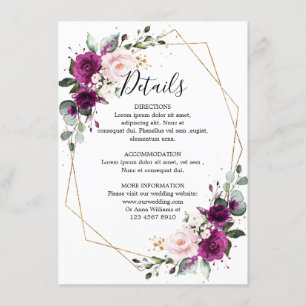 Tarjeta De Recepción Boda floral geométrica de ciruela púrpura rubor