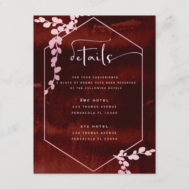 Tarjeta De Recepción Boda floral geométrico ruso de Borgoña rosa (Anverso)
