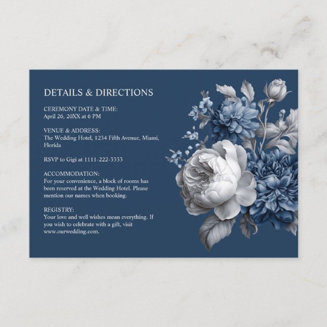 Tarjeta De Recepción Boda floral gris y azul moderno (Anverso)