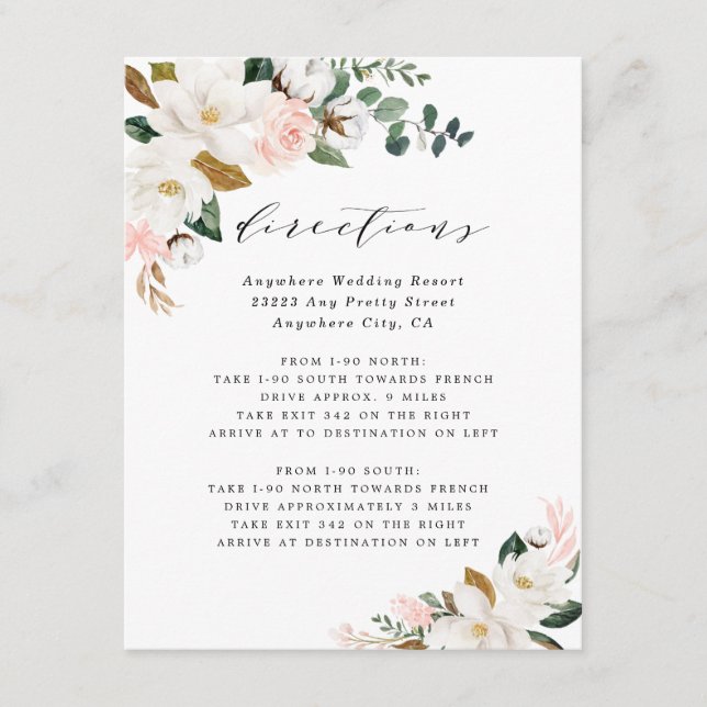 Tarjeta De Recepción Boda Floral Magnolia Blanca Oro Rosa Direcciones (Anverso)