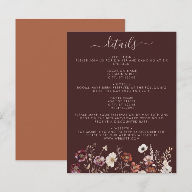 Tarjeta De Recepción Boda floral marrón de otoño elegante (Anverso / Reverso)