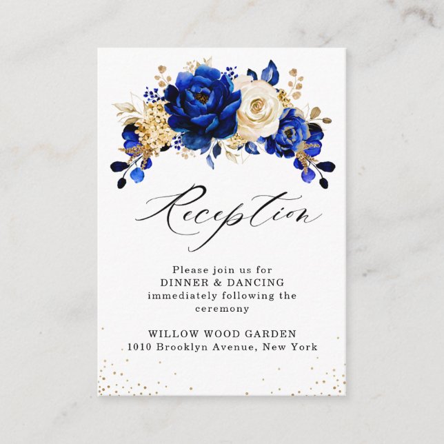 Tarjeta De Recepción Boda floral metálico Royal Blue Yellow Gold (Anverso)