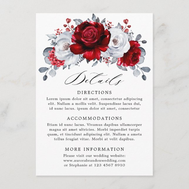 Tarjeta De Recepción Boda floral metálico Royal Red White Silver (Anverso)