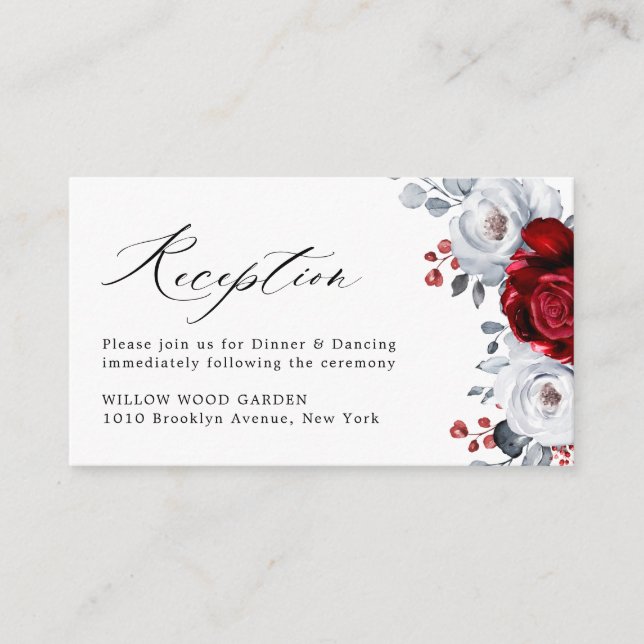 Tarjeta De Recepción Boda floral metálico Royal Red White Silver (Anverso)