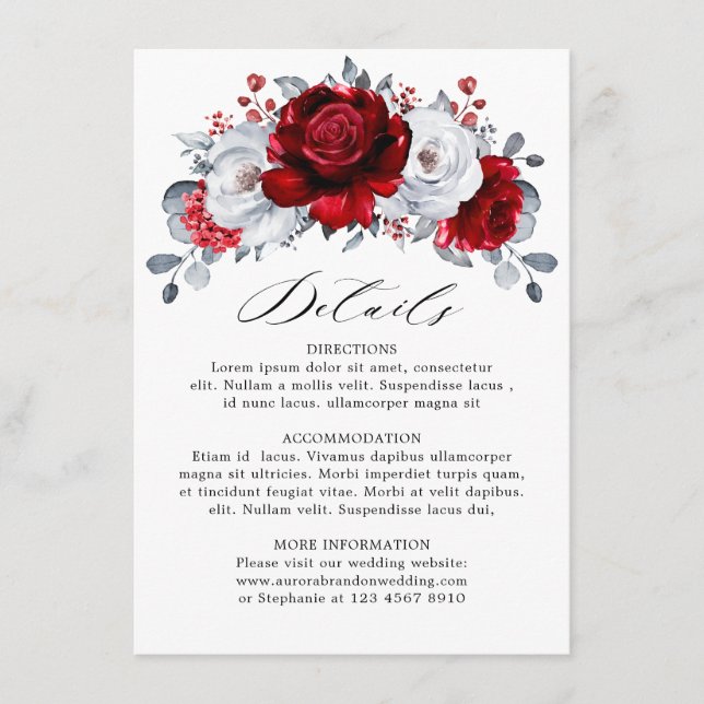 Tarjeta De Recepción Boda floral metálico Royal Red White Silver (Anverso)