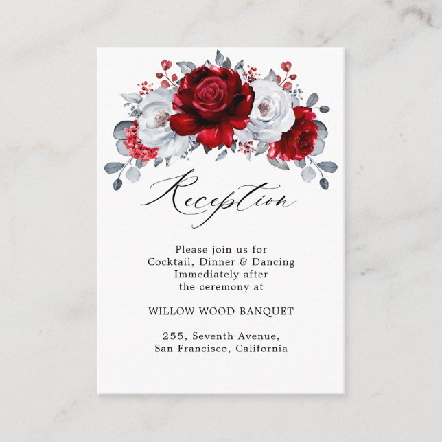 Tarjeta De Recepción Boda floral metálico Royal Red White Silver (Anverso)