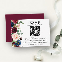 Tarjeta De Recepción Boda floral mixta de acuarela burgundy QR RSVP