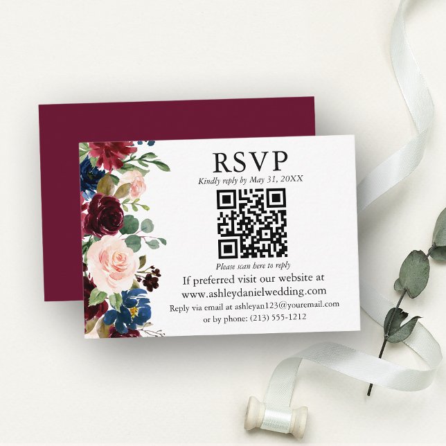Tarjeta De Recepción Boda floral mixta de acuarela burgundy QR RSVP (Customize to change text color, text style or color of back of card.)