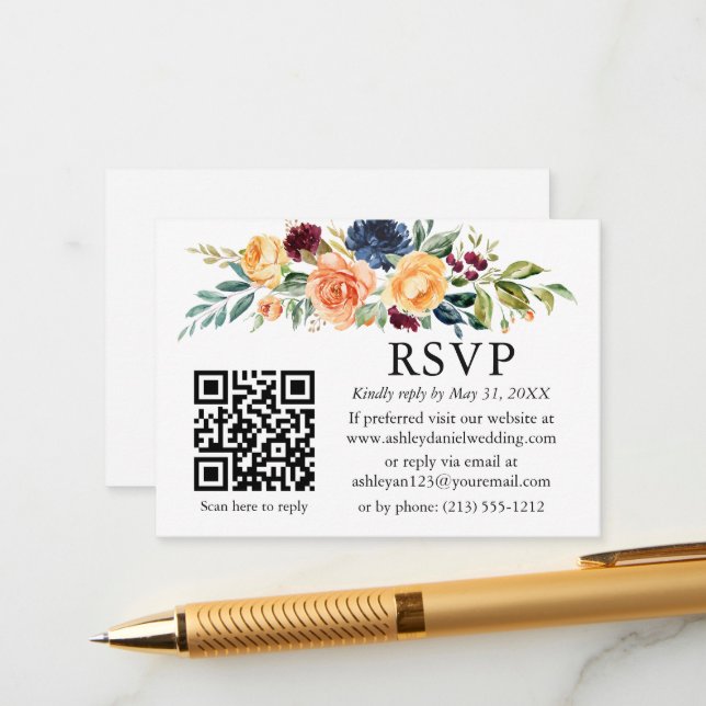 Tarjeta De Recepción Boda floral mixto de acuarela QR RSVP (Anverso/Reverso In Situ)