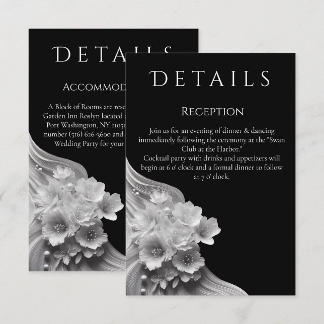 Tarjeta De Recepción Boda floral moderno negro y blanco (Anverso / Reverso)