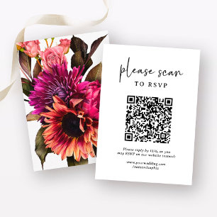 Tarjeta De Recepción Boda floral negrita RSVP con código QR