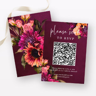 Tarjeta De Recepción Boda floral negrita RSVP con código QR