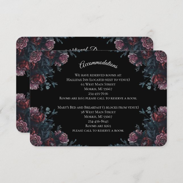 Tarjeta De Recepción Boda floral oscura gótica negra elegante (Anverso / Reverso)