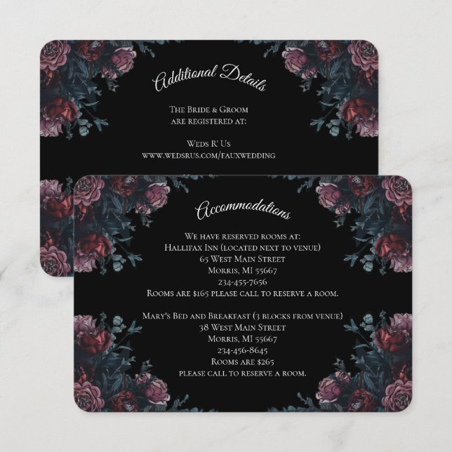 Tarjeta De Recepción Boda floral oscuro Gothic Black Elegant (Anverso / Reverso)