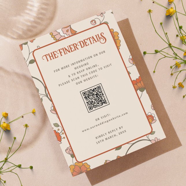 Tarjeta De Recepción Boda floral retro bohemio Detalles del código QR (Subido por el creador)