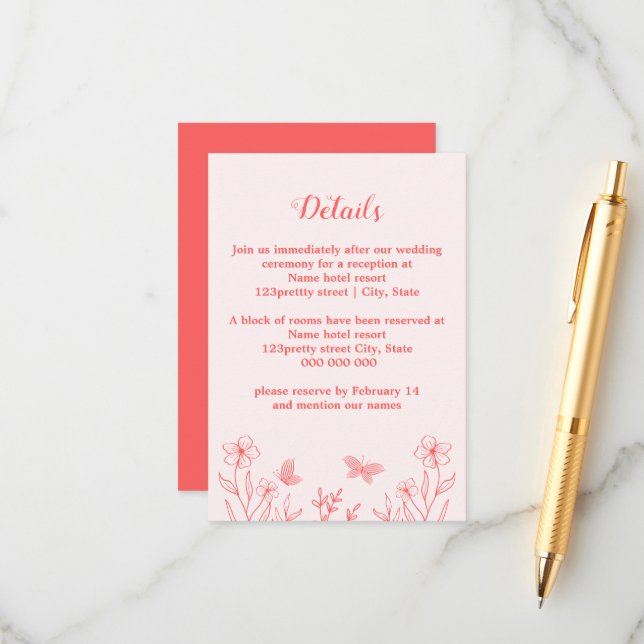 Tarjeta De Recepción Boda floral rosa de coral romántico elegante (Anverso/Reverso In Situ)