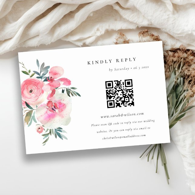 Tarjeta De Recepción Boda floral rosa Orquídea rosa Código QR RSVP (Subido por el creador)