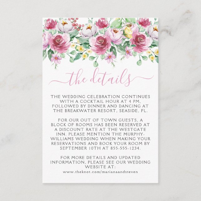 Tarjeta De Recepción Boda floral rosa romántico (Anverso)