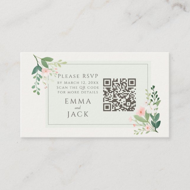 Tarjeta De Recepción Boda floral rosa verde RSVP Código QR (Anverso)