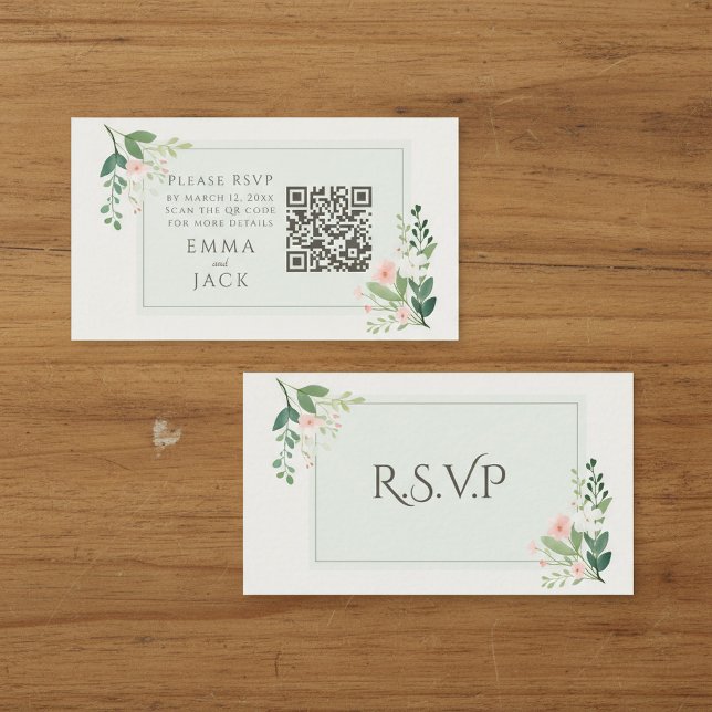 Tarjeta De Recepción Boda floral rosa verde RSVP Código QR (Pink green Floral Wedding RSVP QR Code Enclosure Card.)
