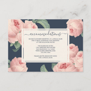 Tarjeta De Recepción Boda Floral Rosa Vintage Azul Oscuro Chic