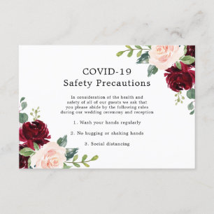 Tarjeta De Recepción Boda floral rosa y burgundy Seguridad COVID-19