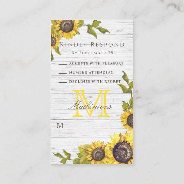 Tarjeta De Recepción Boda floral ruso girasoles de madera blanca RSVP (Reverso)